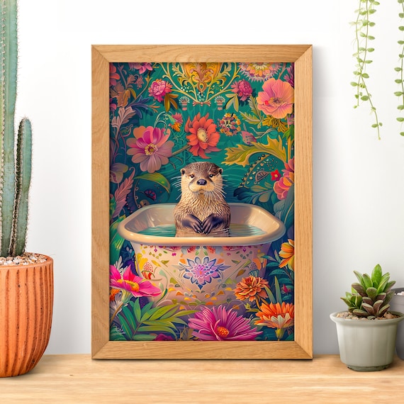 Floral Bathtub Otter Art Print, Funny Bathroom Decor