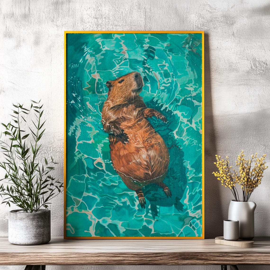 Capybara Floating on Its Back in a Turquoise Swimming Pool Poster
