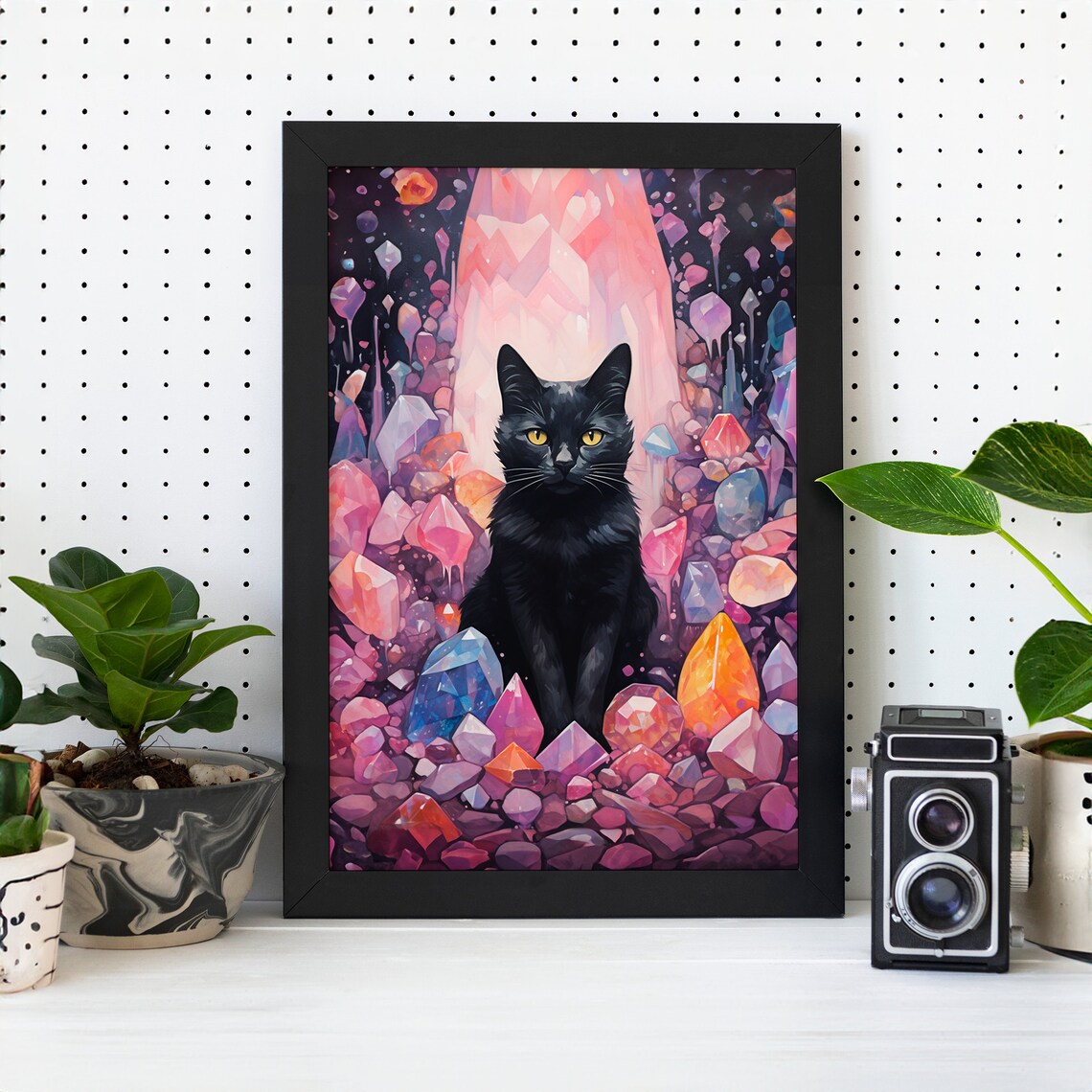 Black Cat and Gemstone Crystals, Watercolor Art Print