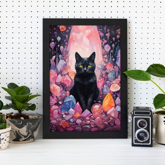 Black Cat and Gemstone Crystals, Watercolor Art Print
