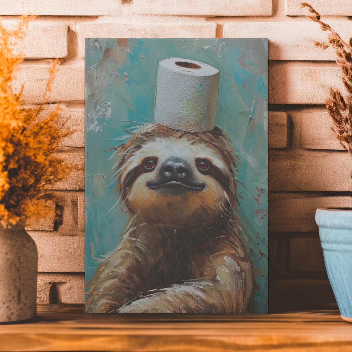 Funny Sloth Portrait Balancing a Toilet Paper Roll on Head Poster