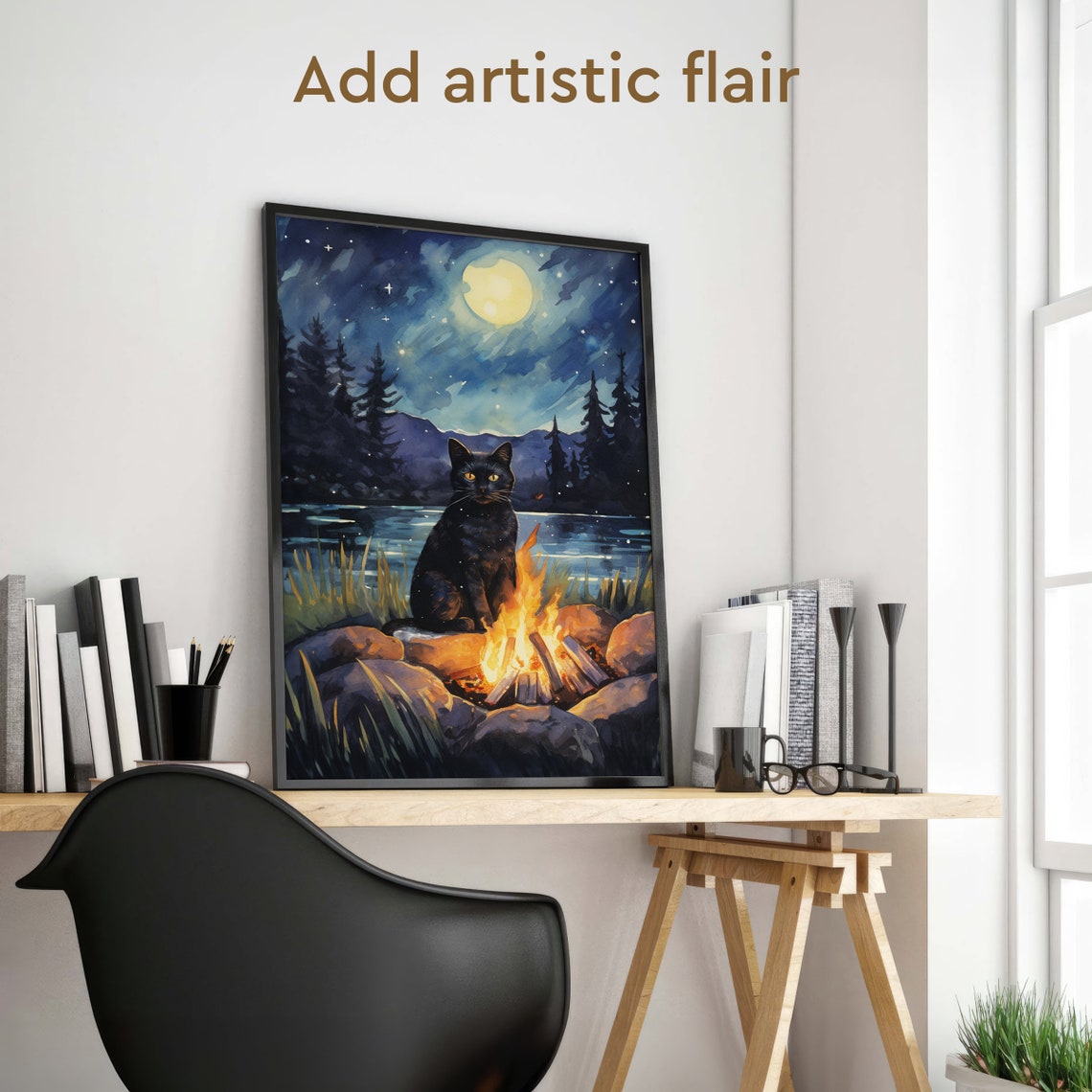 Black Cat by a Crackling Campfire Under a Moonlit Night Sky Poster - Image 2