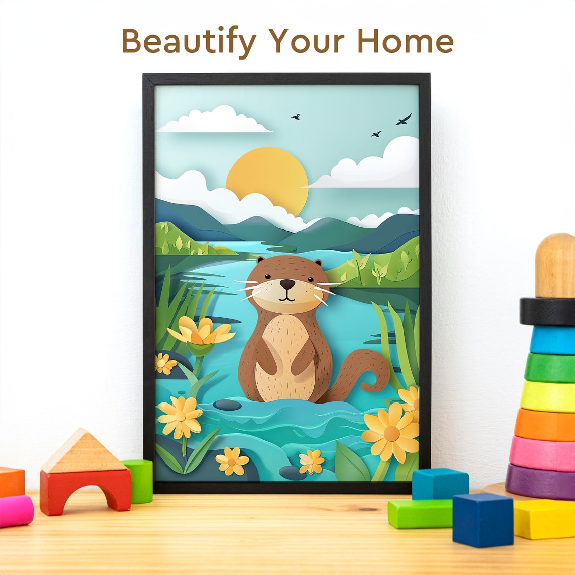 Cute Otter by the River at Golden Sunset in Papercut Style Poster - Image 3