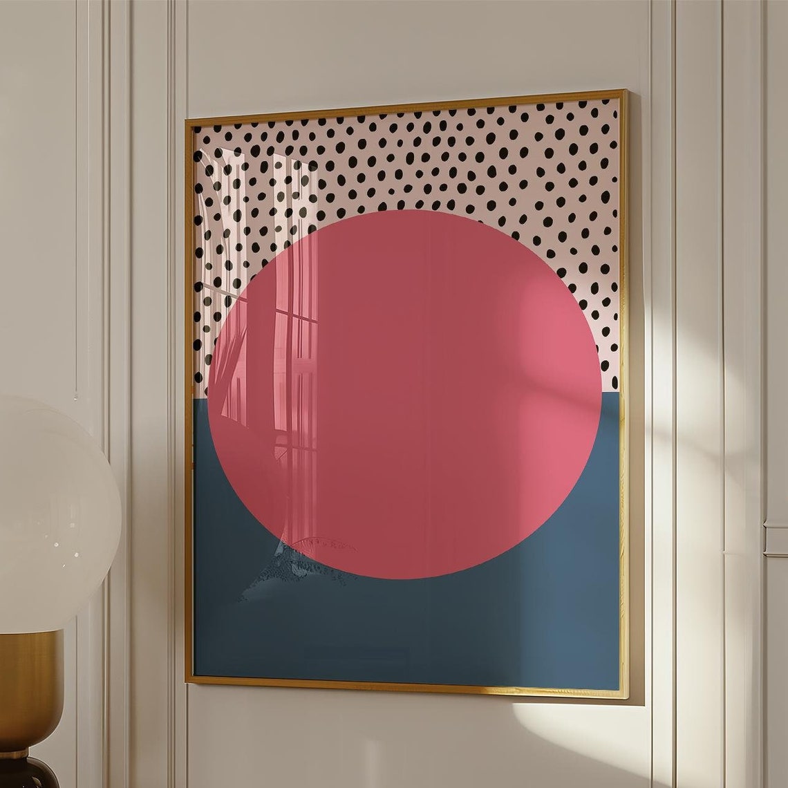 Fun Big Pink Sun Polka Dot Navy Base Modern Abstract Art Poster