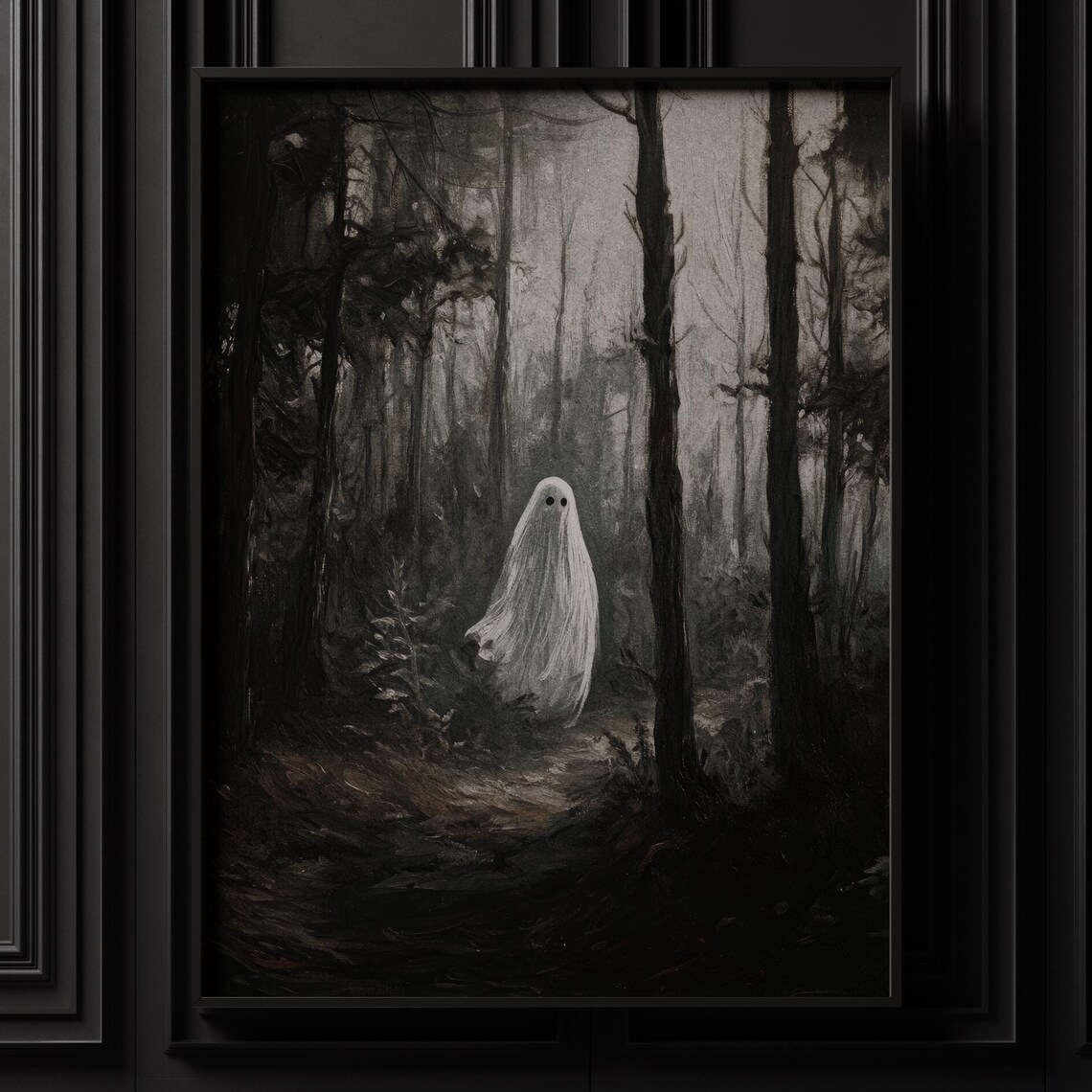 Lone Ghost in Dark Misty Forest Moody Vintage Painting Poster