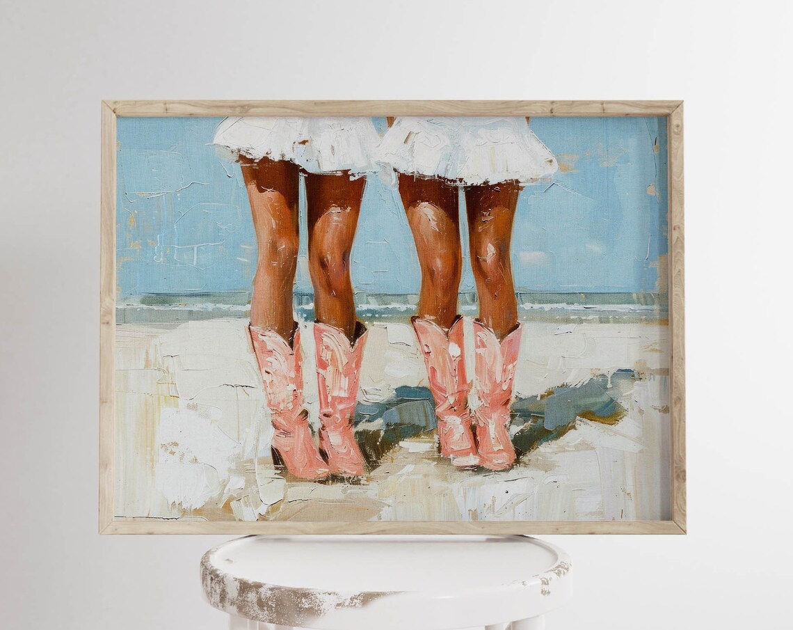 Pink Cowboy Boots On The Beach Coastal Cowgirl Painting Poster