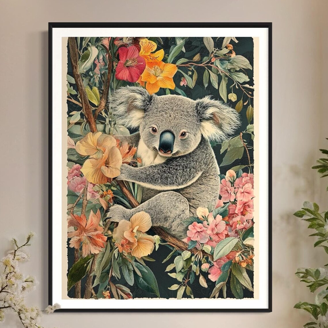 Koala Climbing Branch Colorful Tropical Flowers Wildlife Poster