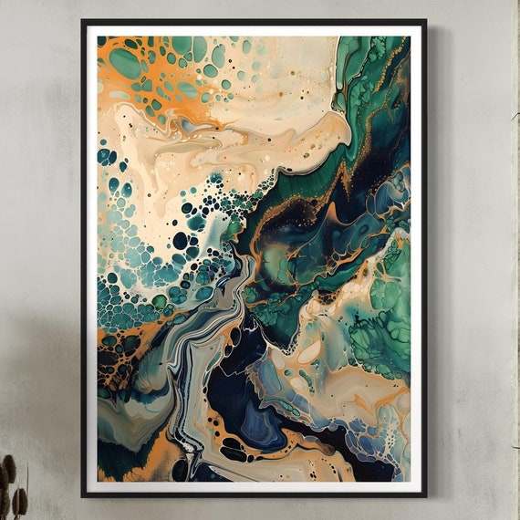 Marble Effect Art Print Natures Palette Emerald Green Acrylic Pour Fluid Cells Painting Contemporary Design Colourful Statement Artwork