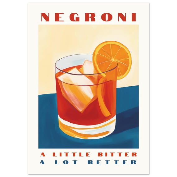 Negroni Vintage Cocktail Art Print, Bar Decor