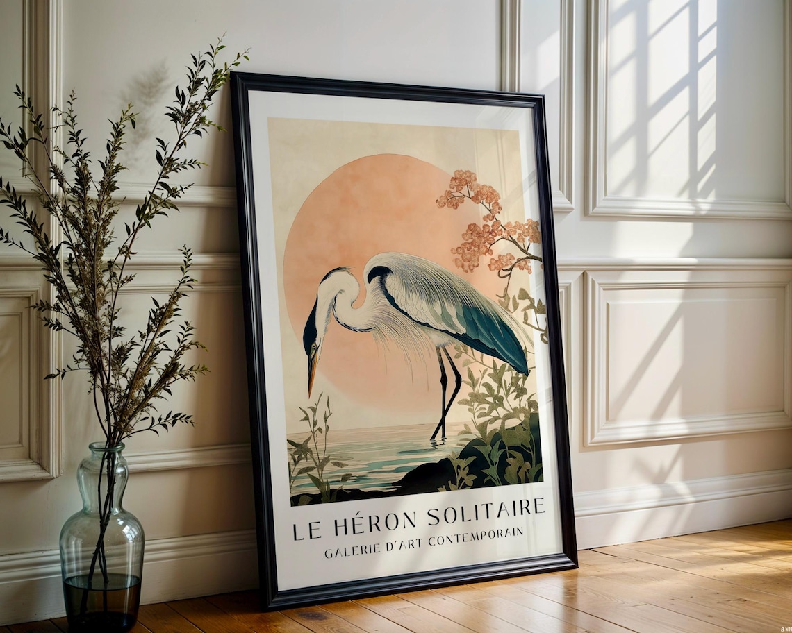 Japanese Heron Print, Vintage Japandi Bird Poster