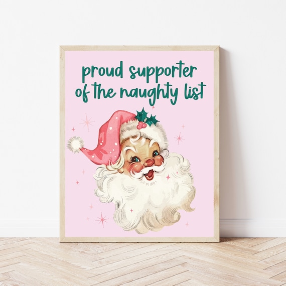 Funny Christmas Print Santa Wall Art Retro Pink Sign Holiday Decor Bathroom Bedroom Kitchen Naughty