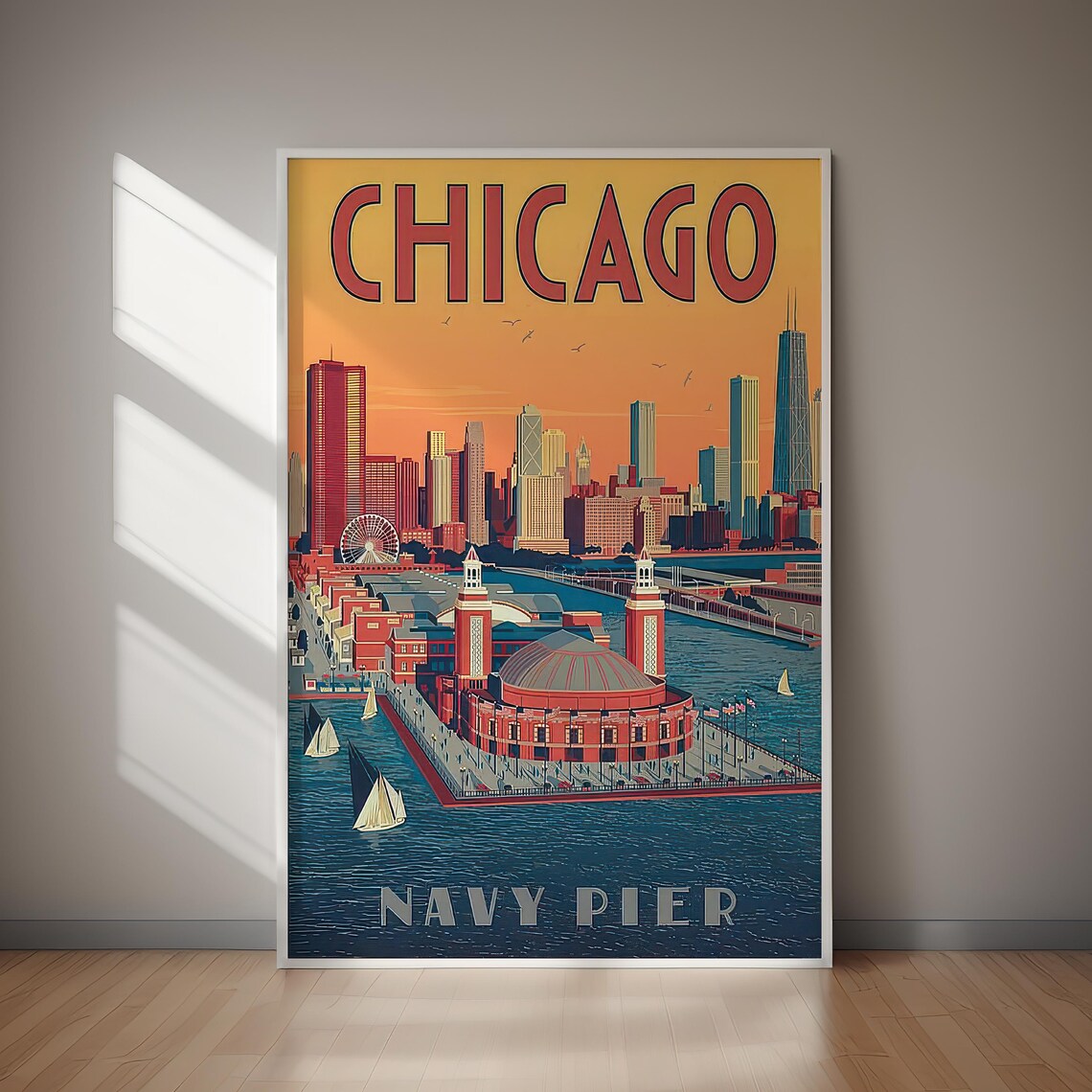 Chicago Navy Pier Sunset Skyline Sailboats Golden Retro Poster