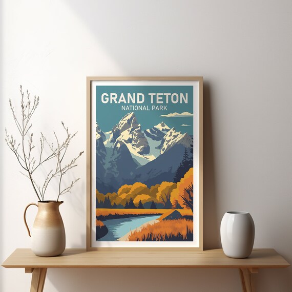 Grand Teton National Park Snowy Peaks Retro Travel Poster River Art