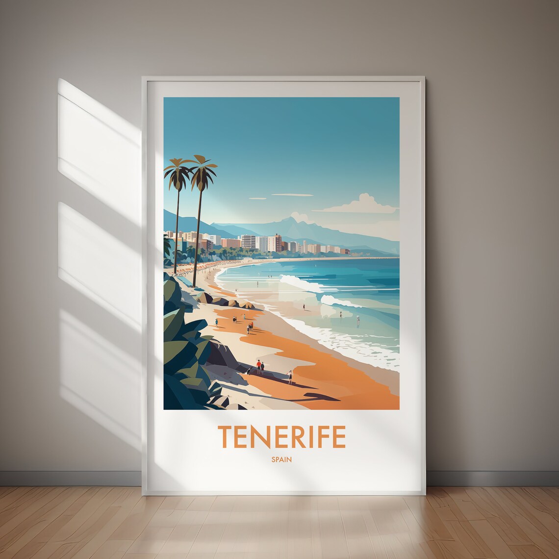 Tenerife Spain Sunny Beach Palms Coastal City Vintage Travel Poster
