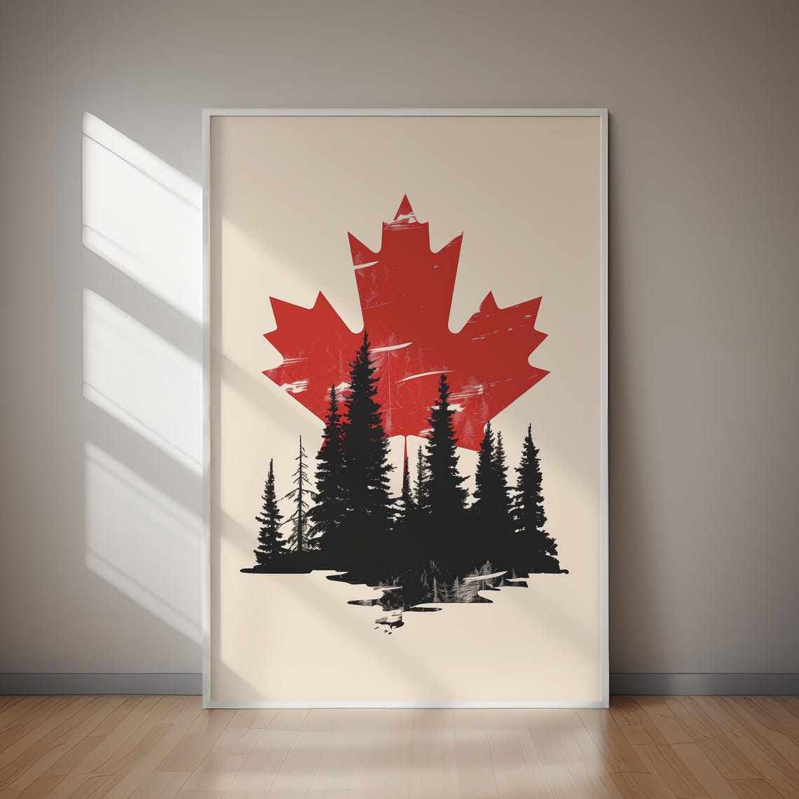 Canada Red Maple Leaf Pine Forest Silhouette Nature Wall Art