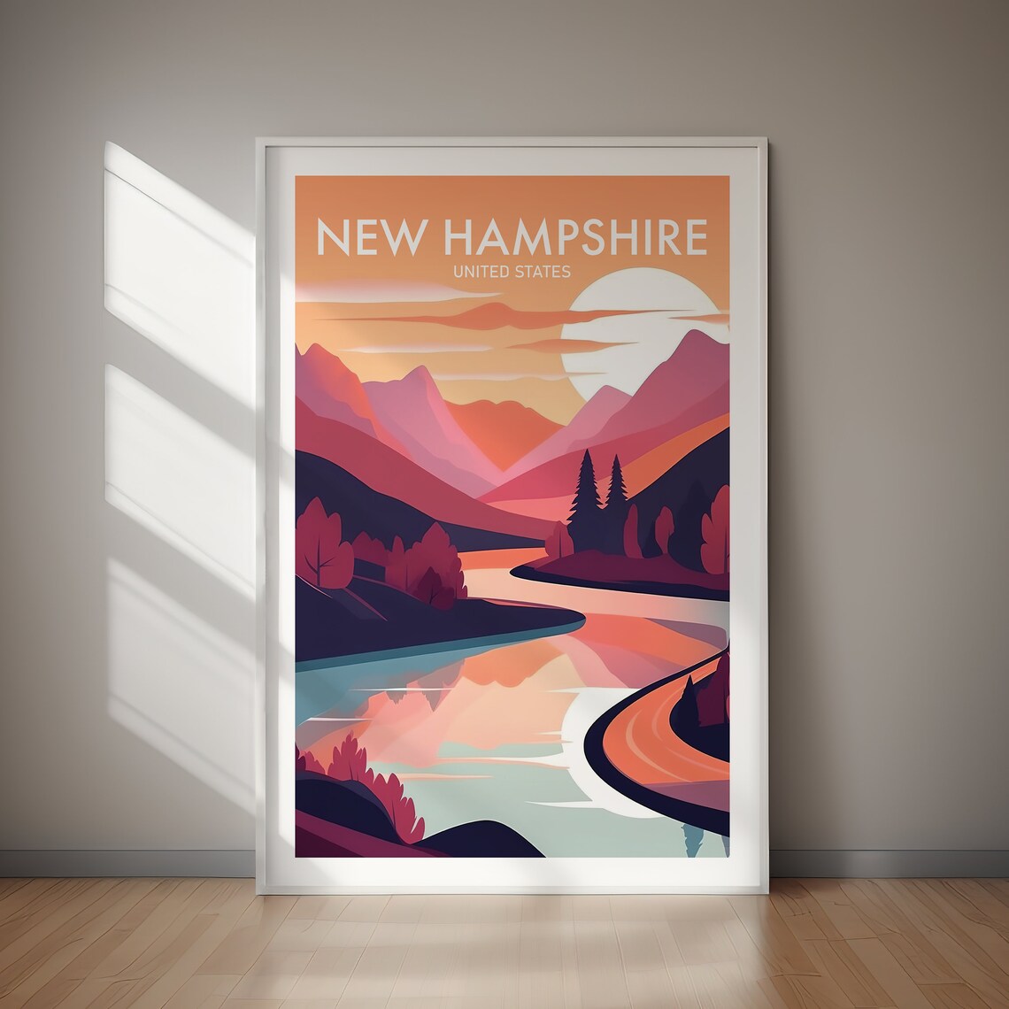 New Hampshire Pink Mountain Sunset River Retro Travel Poster