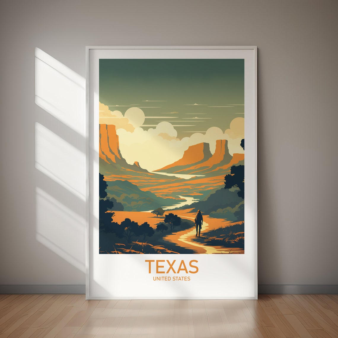Texas Desert Canyon Trail Lone Hiker Vintage Retro Travel Poster