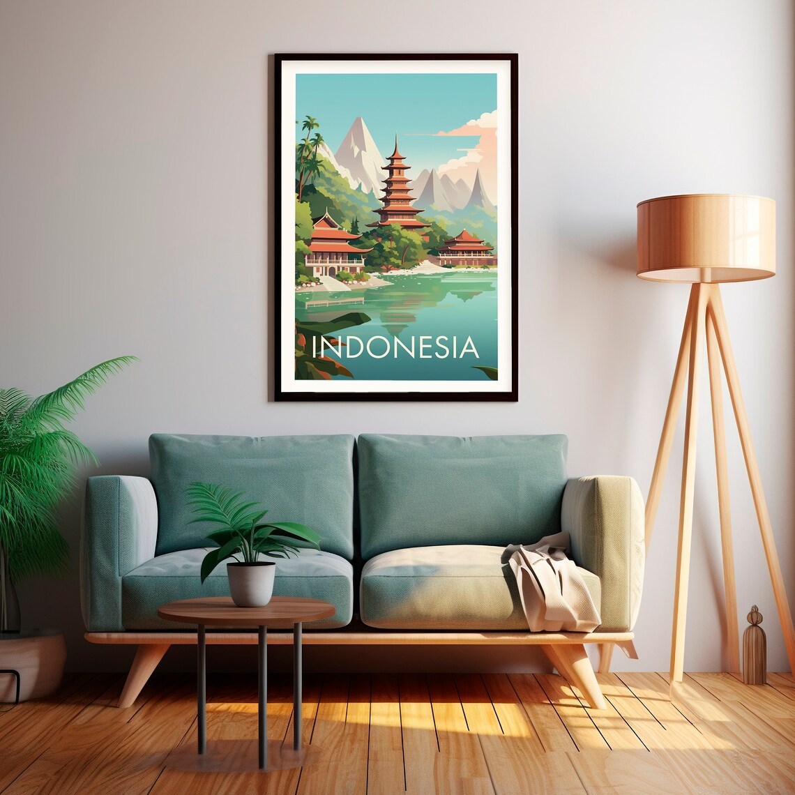 Indonesia Temple Pagoda Lake Mountain Tropical Travel Poster