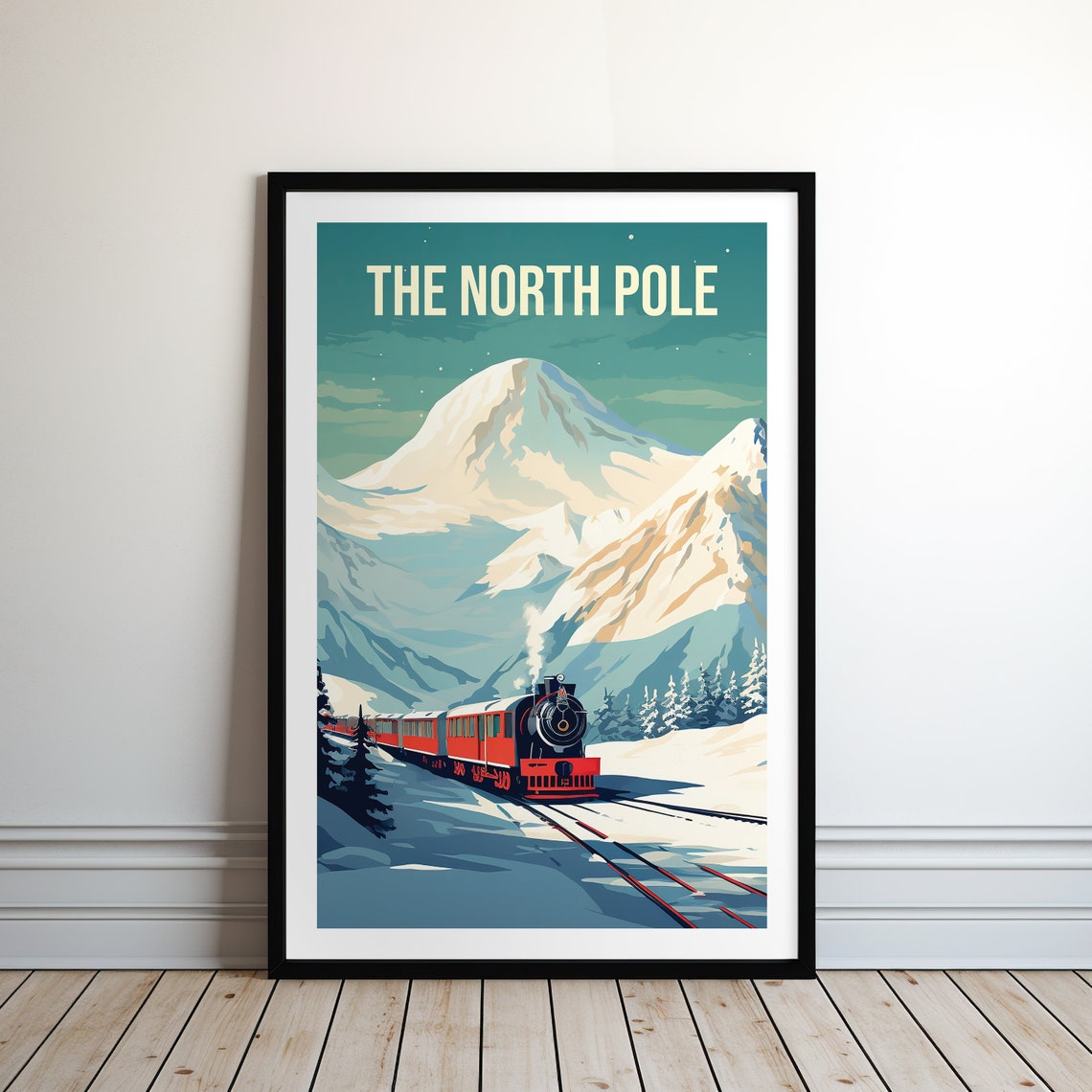The North Pole Red Steam Train Arctic Mountain Railway Travel Poster - Image 2