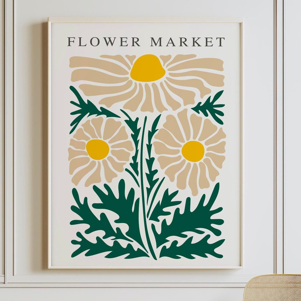 Flower Market Cream Daisy Yellow Green Leaves Botanical Poster