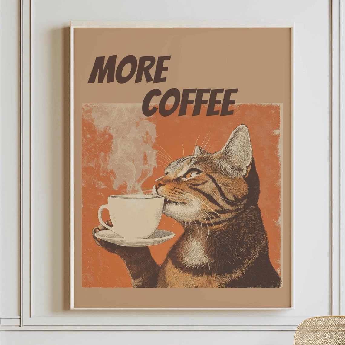 More Coffee Funny Retro Tabby Cat Holding A Coffee Cup Poster