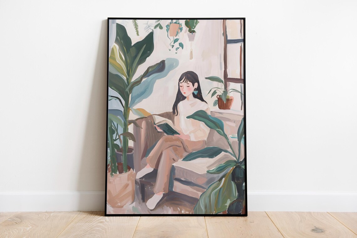 Cozy Reading Corner Woman Among Houseplants Illustration Poster