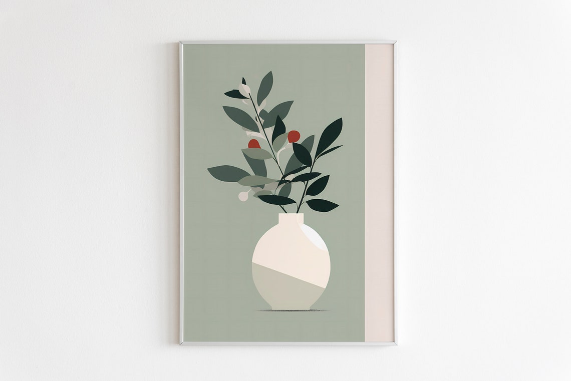 Minimalist Sage Green Vase Botanical Leaves Red Berries Poster
