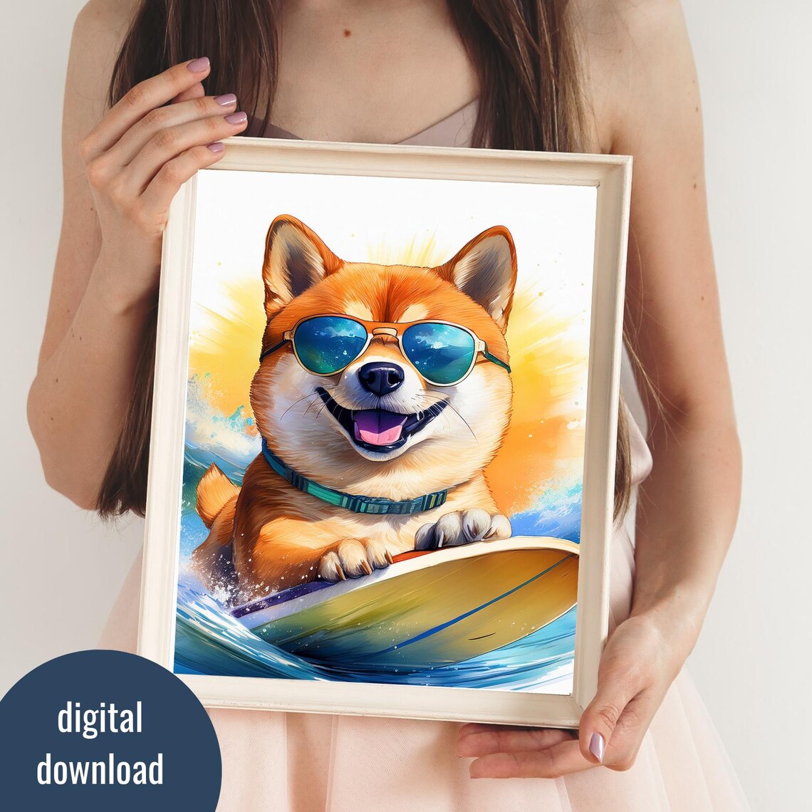 Smiling Shiba Inu Surfing Dog Blue Sunglasses Turquoise Sunset Poster