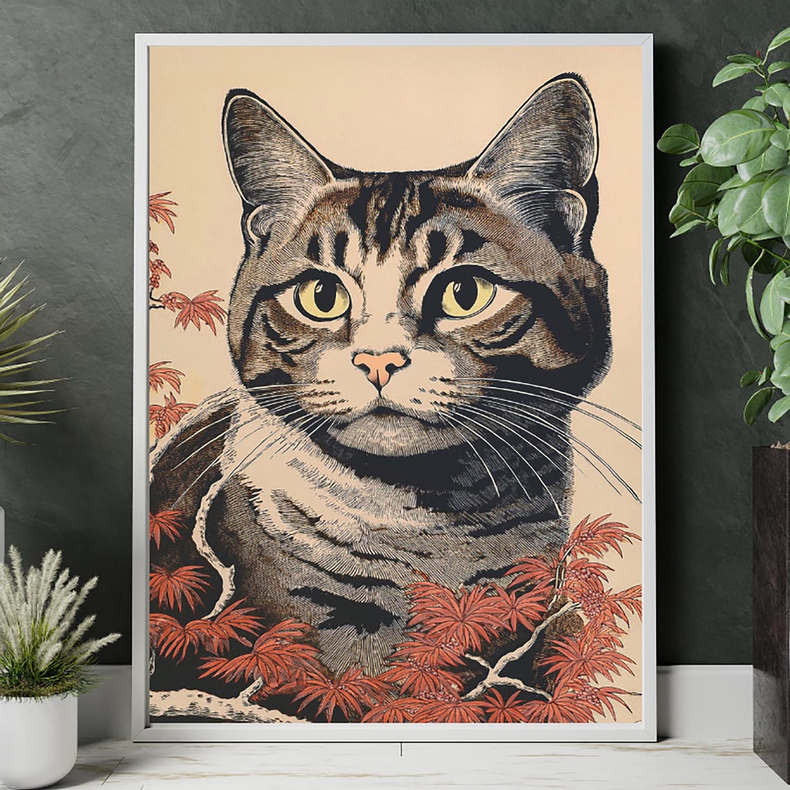 Tabby Cat Ukiyoe Style With Red Maple Leaves Japanese Art Poster