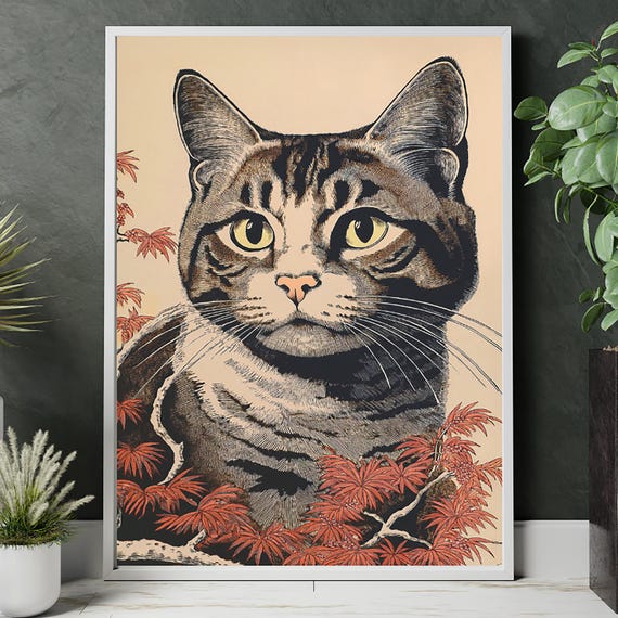 Japandi Cat Art Print Japanese Wall Zen Poster Minimalist Decor Modern Asian Style Artwork