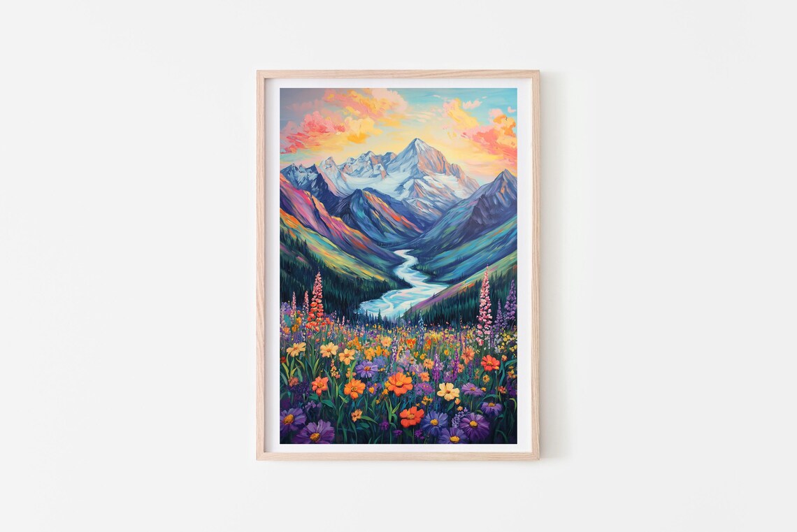 Colorful Mountains and Floral Modern Art Print