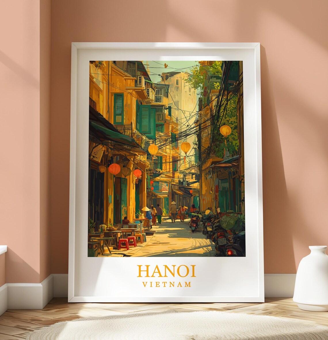 Hanoi Old Quarter Lantern Street Vietnam Travel Poster Asian City Art