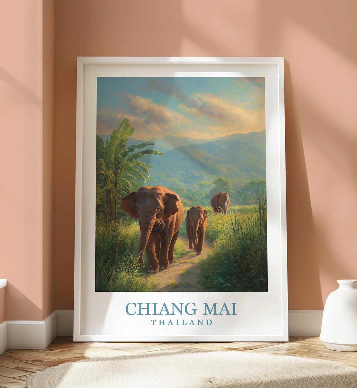 Chiang Mai Thailand Elephant Family Walking Jungle Path Travel Poster