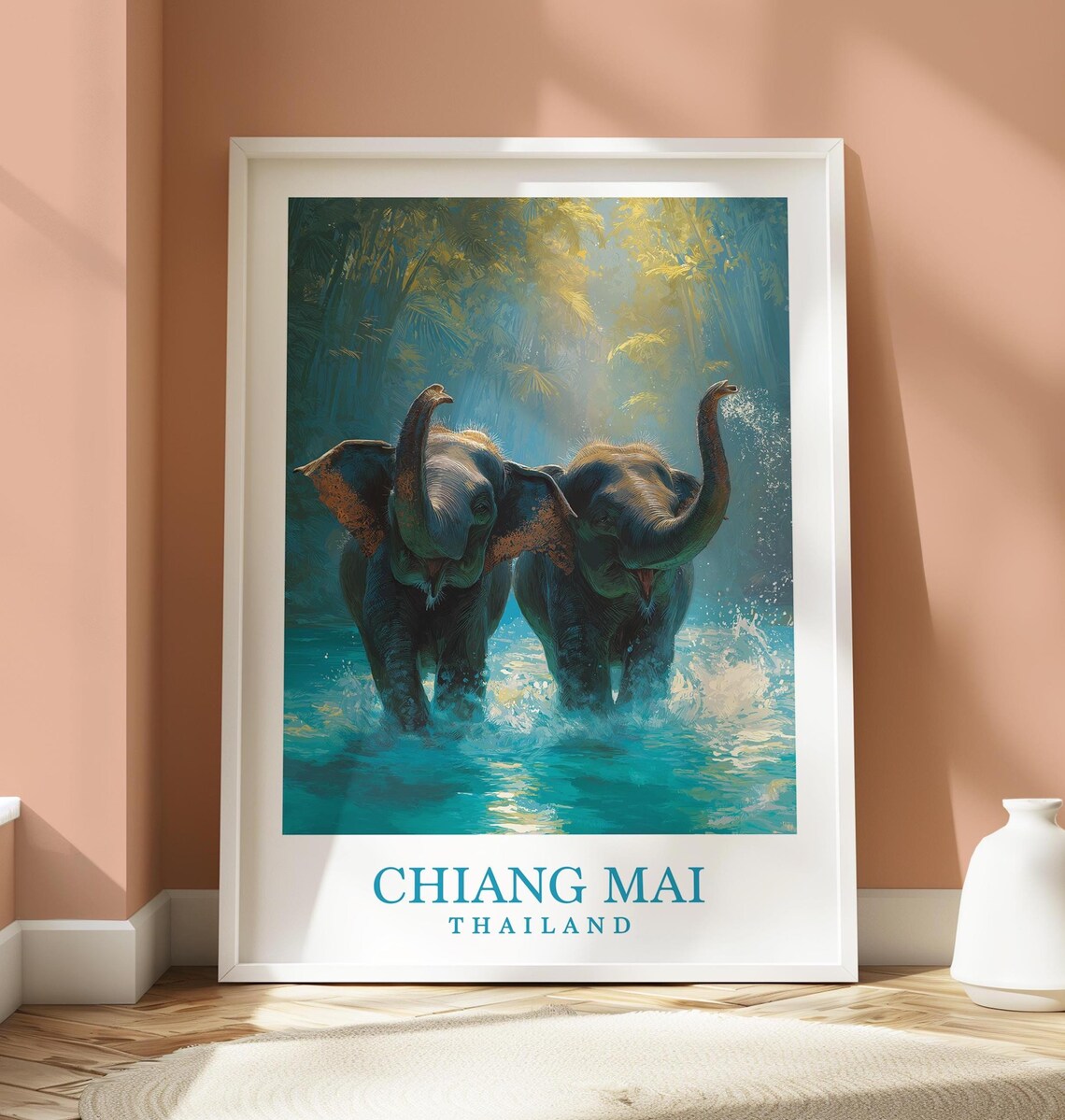 Chiang Mai Thailand Elephants Playing in Turquoise Water Travel Poster