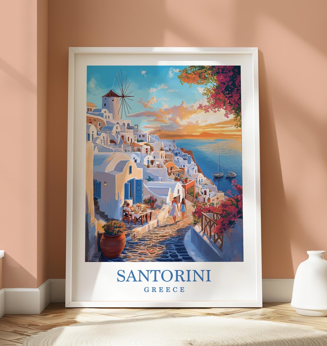 Santorini Greece Cobblestone Lane Sunset Sea View Travel Poster