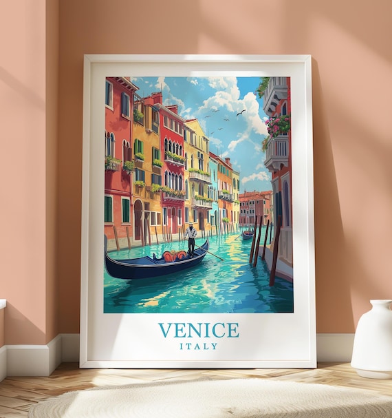 Venice Italy Gondola Canal Colorful Waterfront Houses Travel Poster
