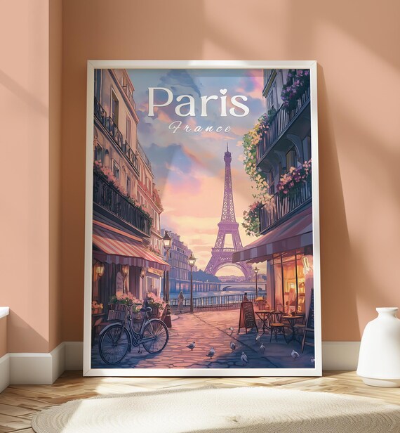 Paris France Flower Balcony Street Eiffel Tower Dusk Travel Poster