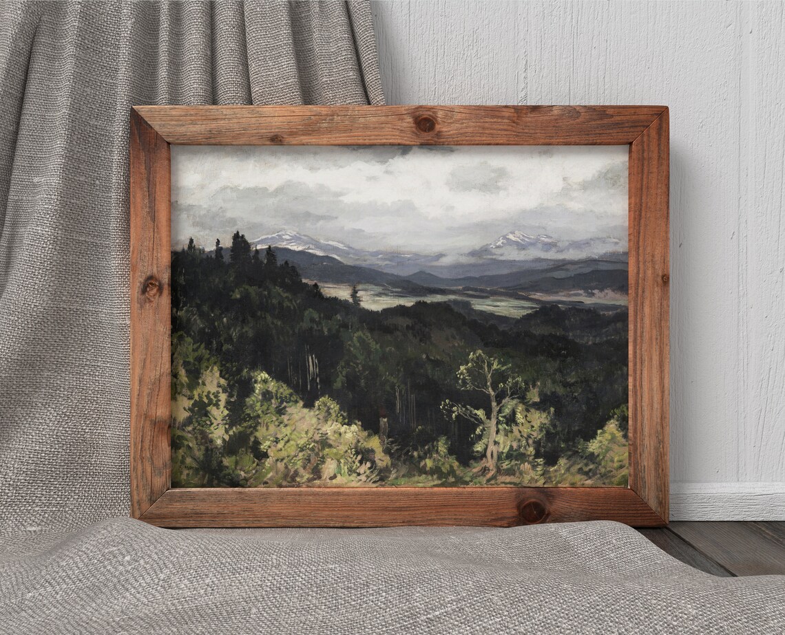 Foothills Landscape Vintage Mountain Nature Painting Dark Valley Art 599 - Image 4