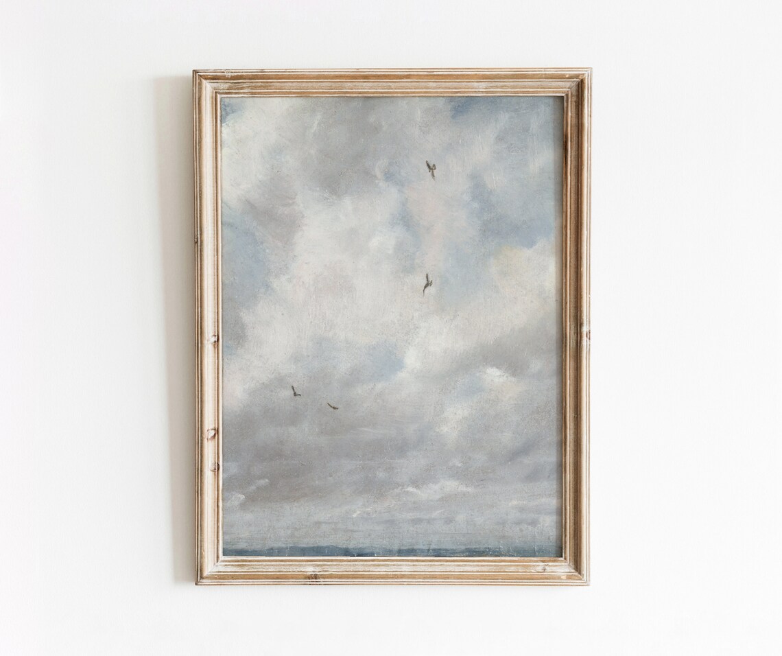 Vintage Sky Study with Flying Birds, Nursery Decor