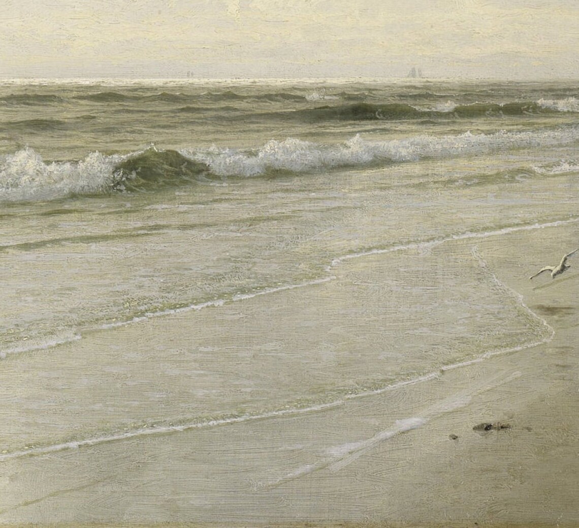 Quiet Ocean Waves Shore Vintage Neutral Green Seascape Painting Poster - Image 2