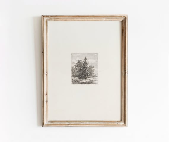 Tree Etching Vintage Landscape Sketch, Art Print