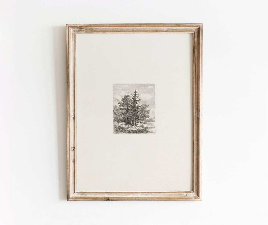Tree Etching Vintage Landscape Sketch, Art Print