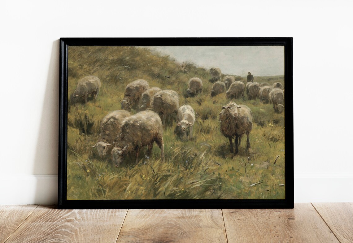 Grazing Sheep Vintage Animal Landscape Painting Art - Image 3