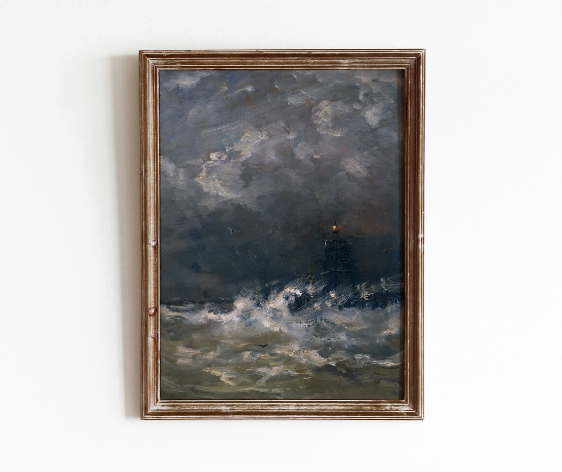 Stormy Lighthouse Vintage Sea At Night Art Print