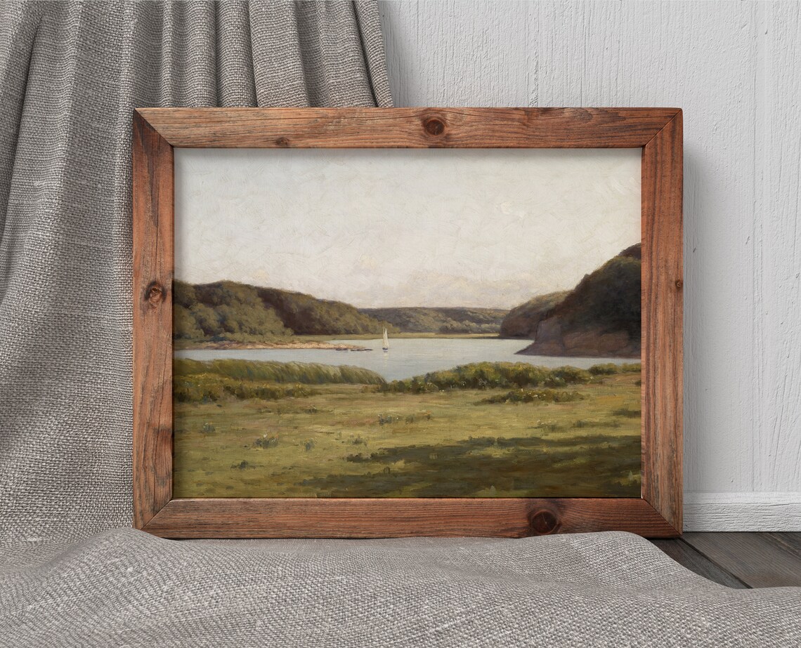 Coastal Inlet Landscape Vintage Harbor Sailboat Art Print - Image 4