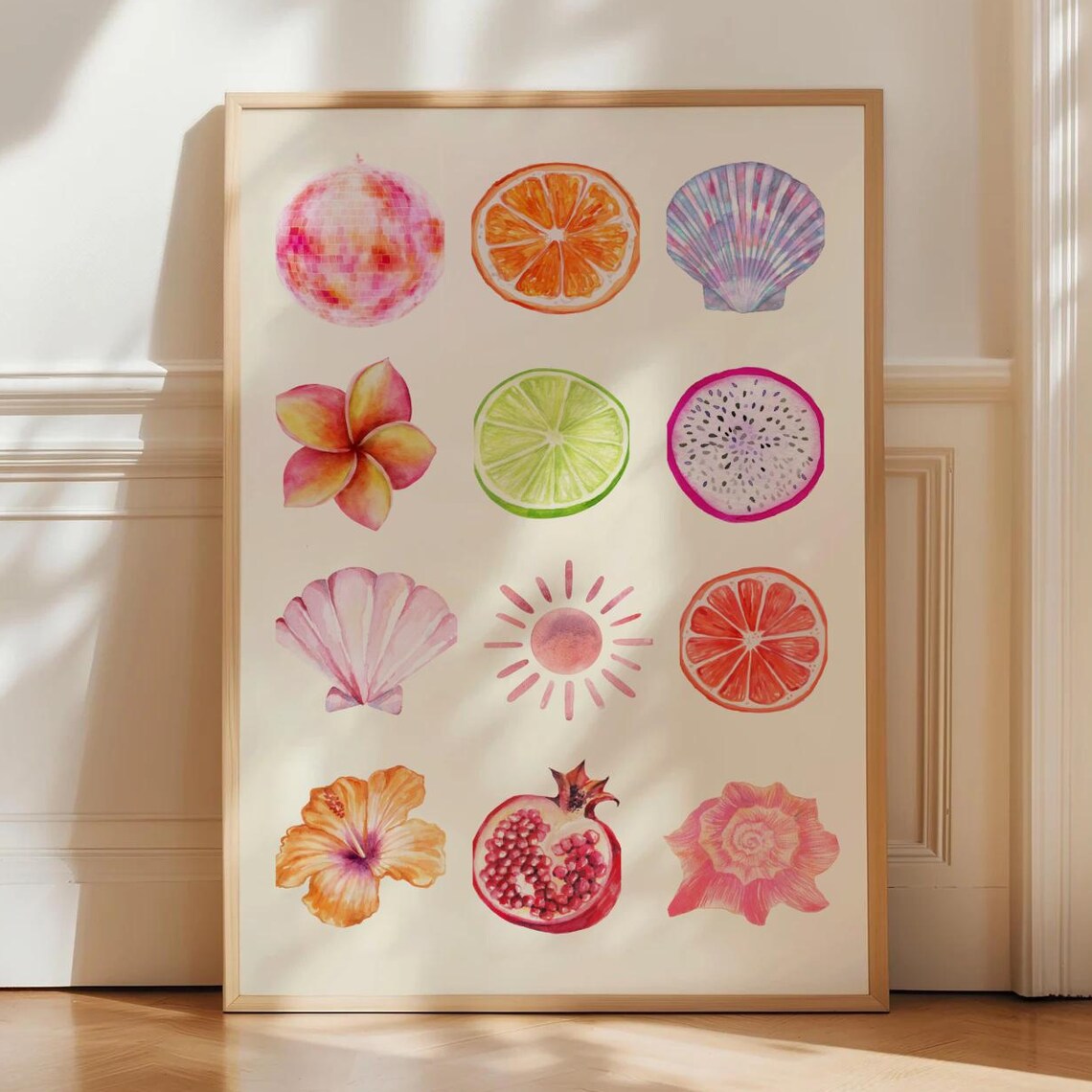 Tropical Watercolor Citrus Shell Flower Summer Grid Wall Poster