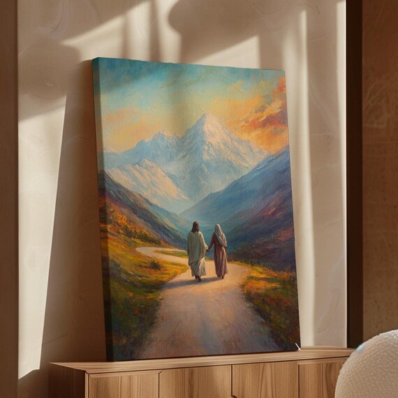 Jesus Walking With a Woman on a Mountain Path Beneath Snow Peaks Poster