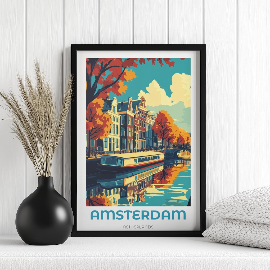 Amsterdam Netherlands Canal Autumn Vintage Minimalist Retro Poster