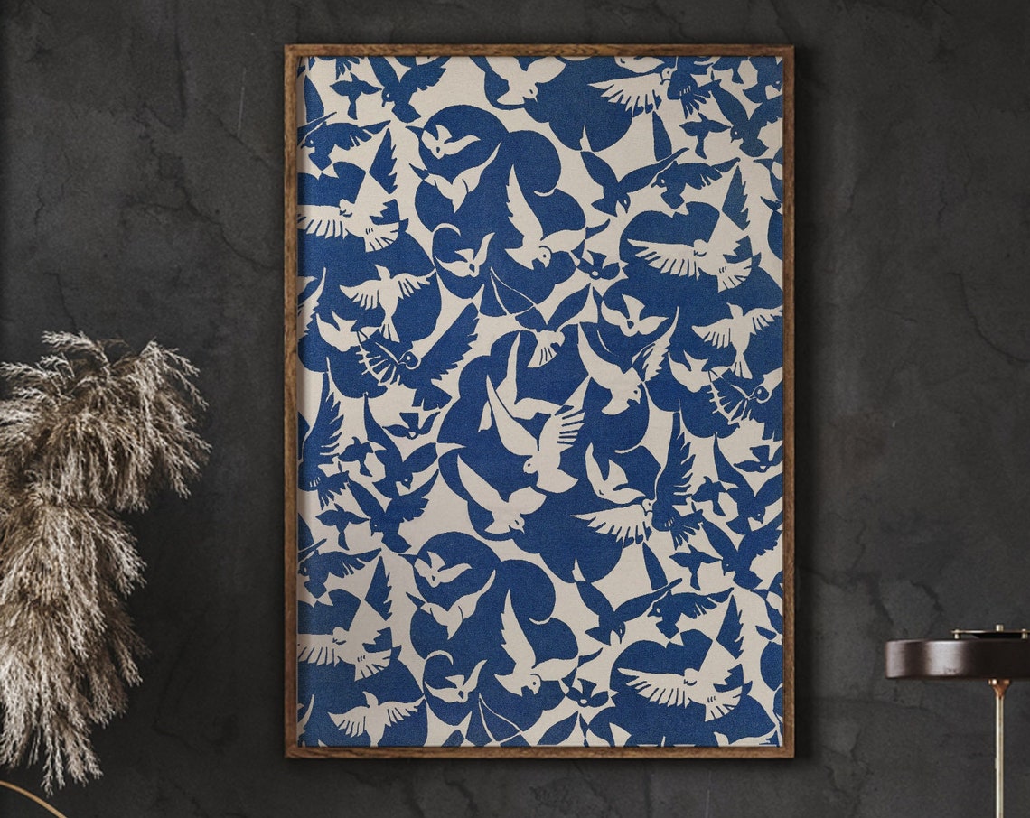 Blue White Flying Birds Pattern Vintage Art Deco Style Decor Poster