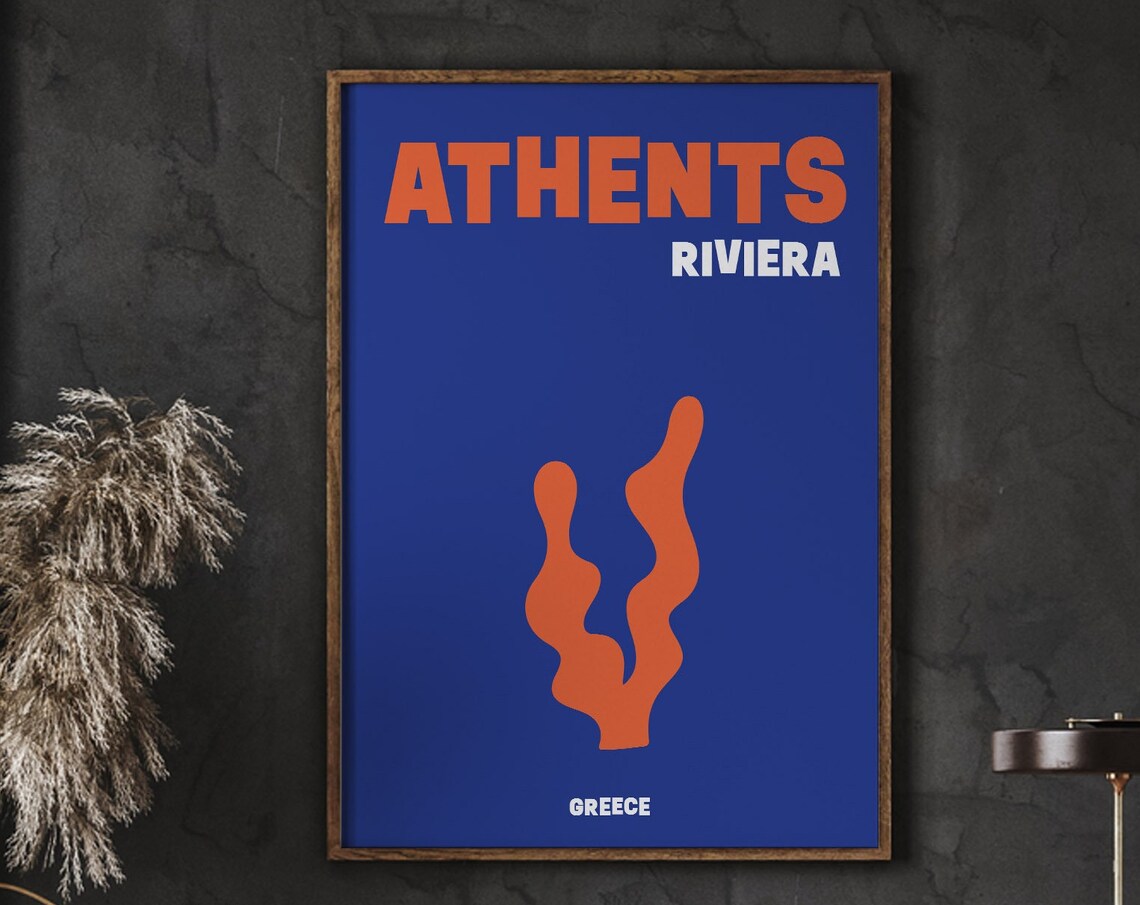 Athens Riviera Greece Minimalist Coral Seaweed Art Travel Poster